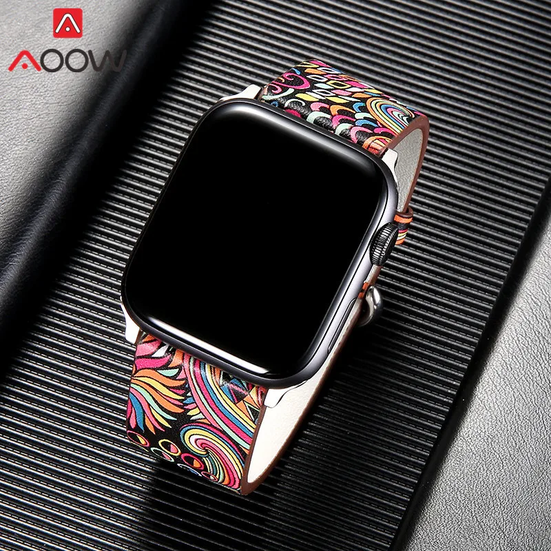 Кожаный ремешок для Apple Watch 38 мм 42 40 44 браслет с цветочным принтом в национальном