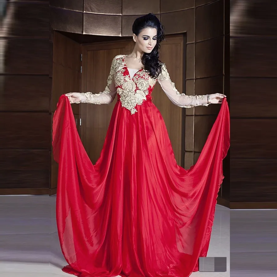 Red Color A line Chiffon Evening Dress With Golden Lace Appliques Long