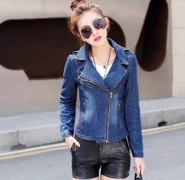 2019 Womens Vintage Short Jeans Jackets For Women Blue Denim Blazer Slim Suit Jacket Zipper Decoration Casual Streetwear Coat