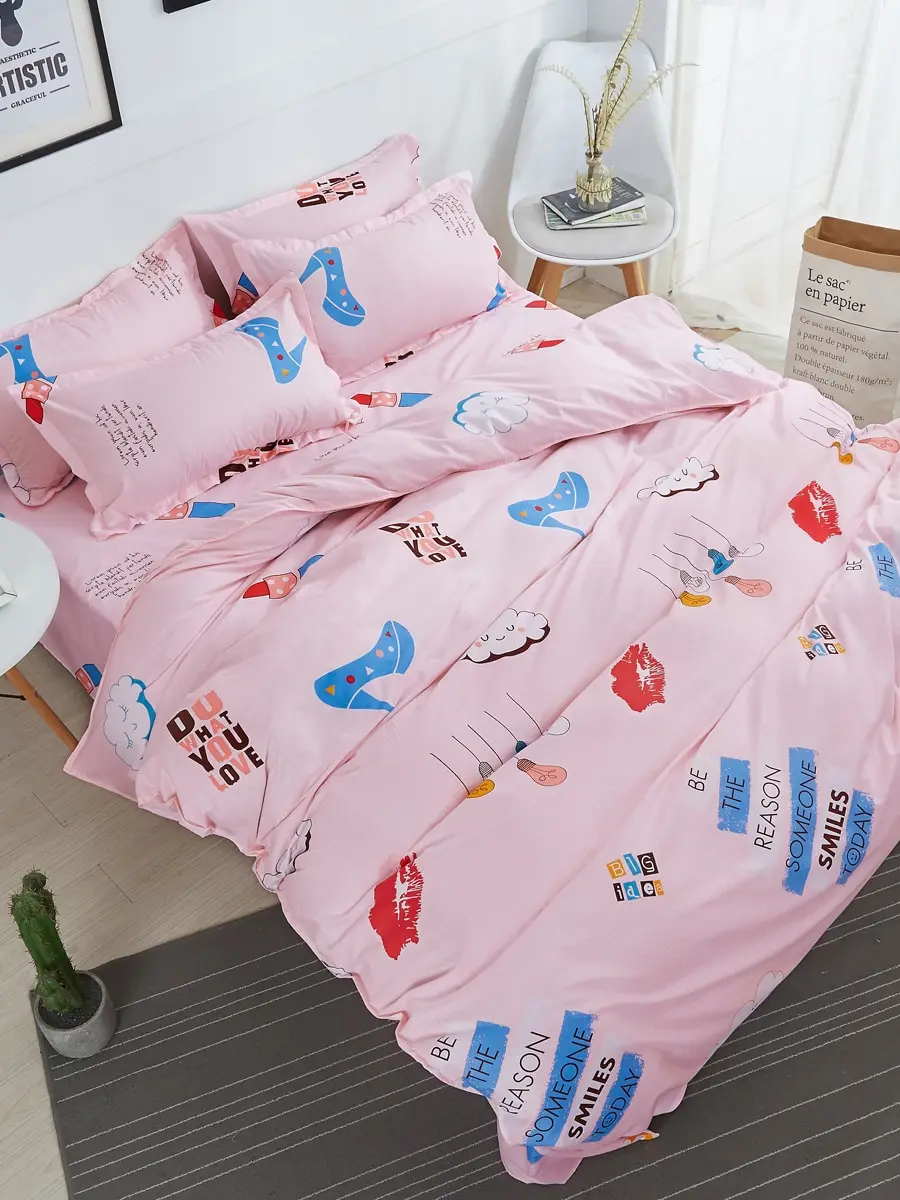 

3/4Pcs Bed Sheet Set Cartoon Pattern Sweet Adorable Comfy Soft Bedding Set