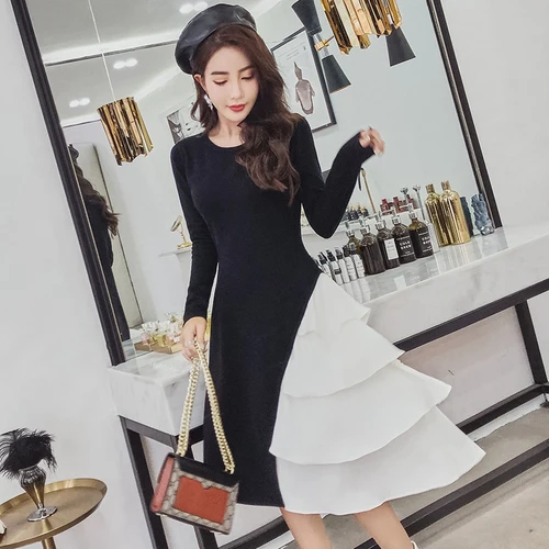 

2018 Autumn Winter New Pattern Temperament Lady Knitting Joint Fashion Cake Edge Sweater Dress Woman vestidos high quality