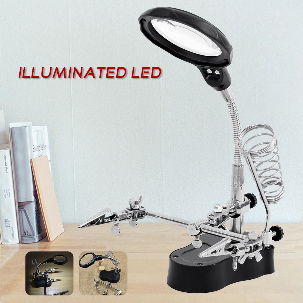 

Desk Magnifier LED Light Soldering Iron Stand Clamp Clip Helping Hand Magnifying Circuit Board Welding Repair Tool