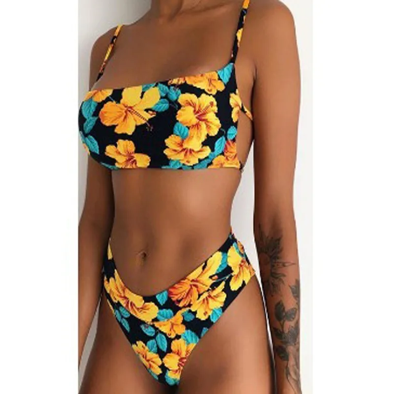 

Sexy Print Striped Swimsuit Tube Top Bikini Push Up Beach Swimwear Biquinis Swim Bathing Suit Vintage Women Swimming Suit 2019