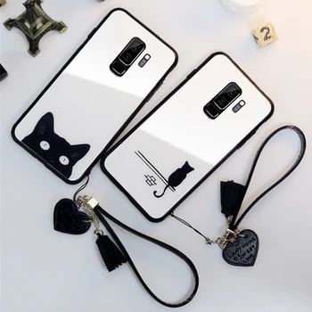 

For Samsung Galaxy s10 s10e note 8 9 M10 M20 M30 A6 A7 A8 A9 j4 j6 s9 s8 plus 2018 A20 A30 A50 A70 cute cat glass Case & Strap