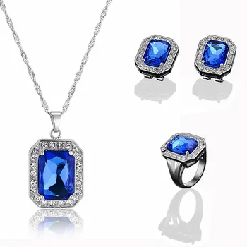 

Costume Jewelry Sets For Women Necklace/Pendant/Earrings/Rings Wedding Set With Blue Stones Free Box
