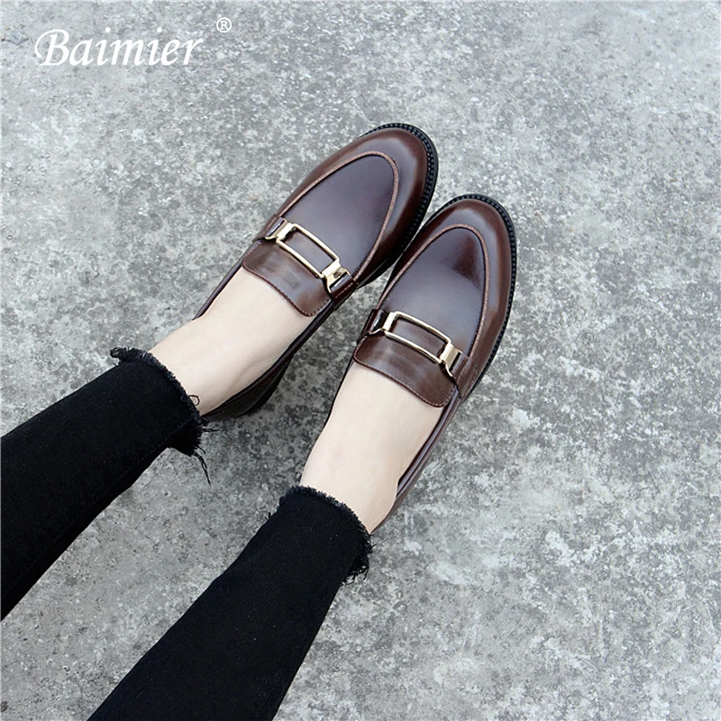 Richelieus Profonde brown Baimier Femmes Occasionnels Cuir Pour Mode Peu Véritable 2018 Chaussures Noir Rétro Boucle Appartements Black Métal En Oxford 4PHrTq4