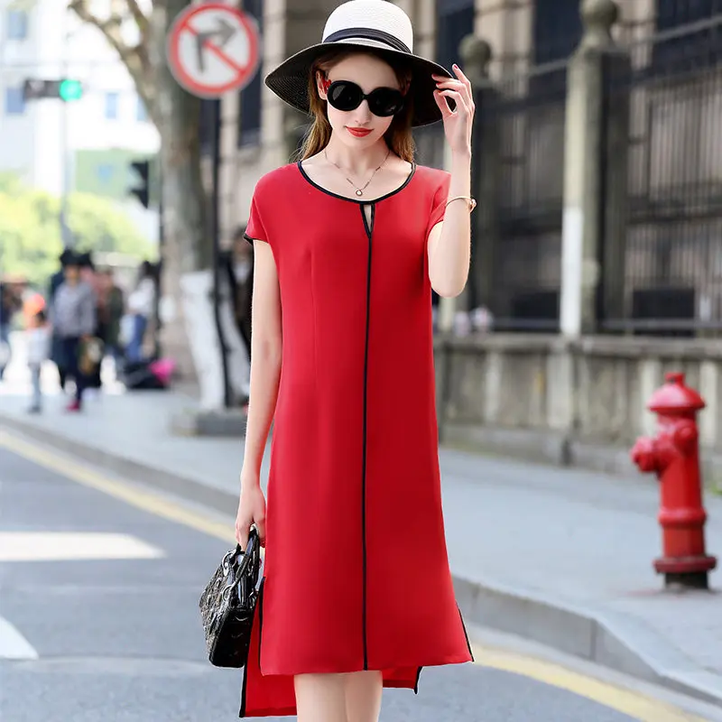 

High Quality Dress Women 100% Heavy Silk Simple Design O Neck Sashes Short Sleeves 2 Colors Straight Dress New Fashion 2019
