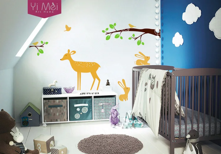 

Deer, rabbits, brids in the forest wallpaper Vinyl decal nursery Children's Room wall stickers 95*160CM Home Decoration