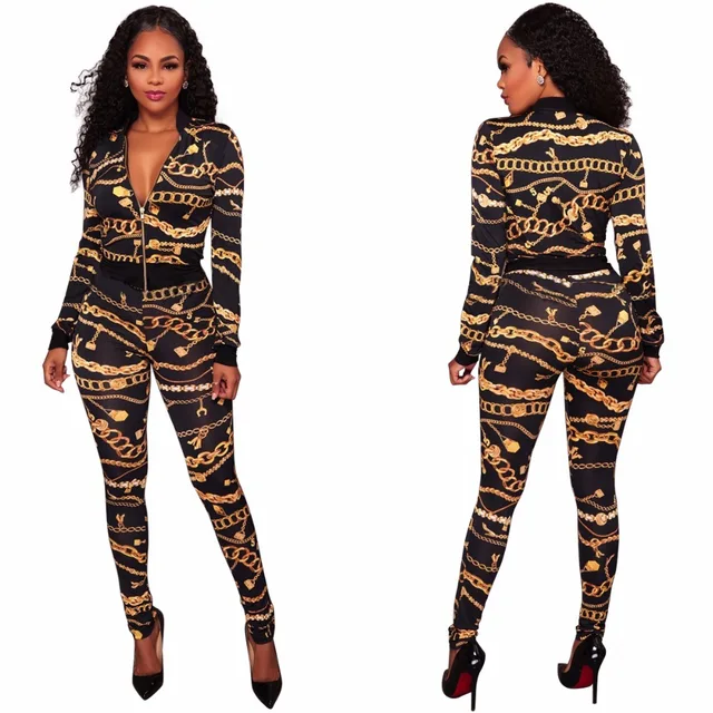 Women Deep V Neck Long Sleeve Gold Chain Printed Jumpsuits Hip Hop ...