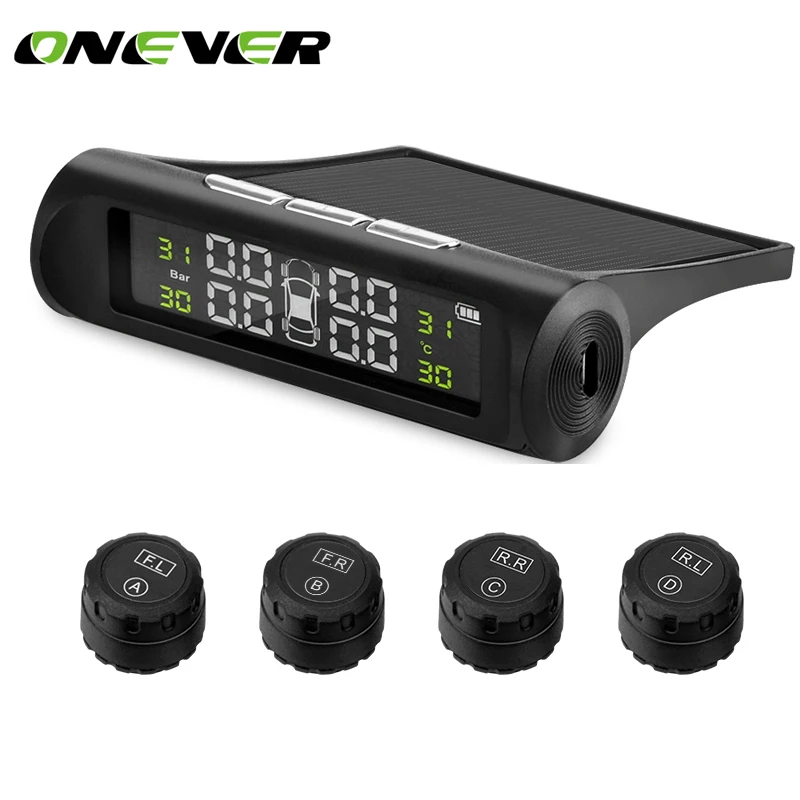 

Solar Power TPMS Car Tire Pressure Alarm Monitor System Wireless LCD Display Car 4 External Sensor Temperature Alarm