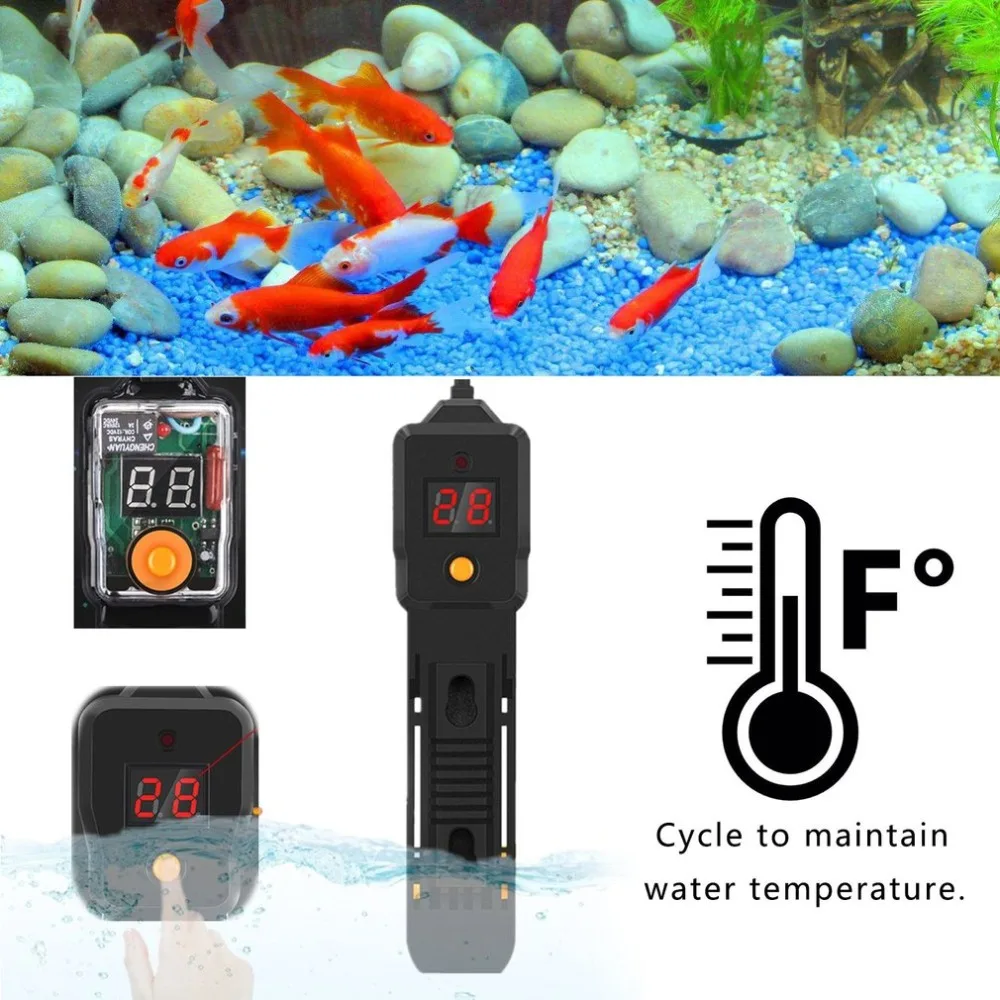 100W Mini Portable LED Display Aquarium Submersible Fish Tank Thermostat Adjustable Water Heater