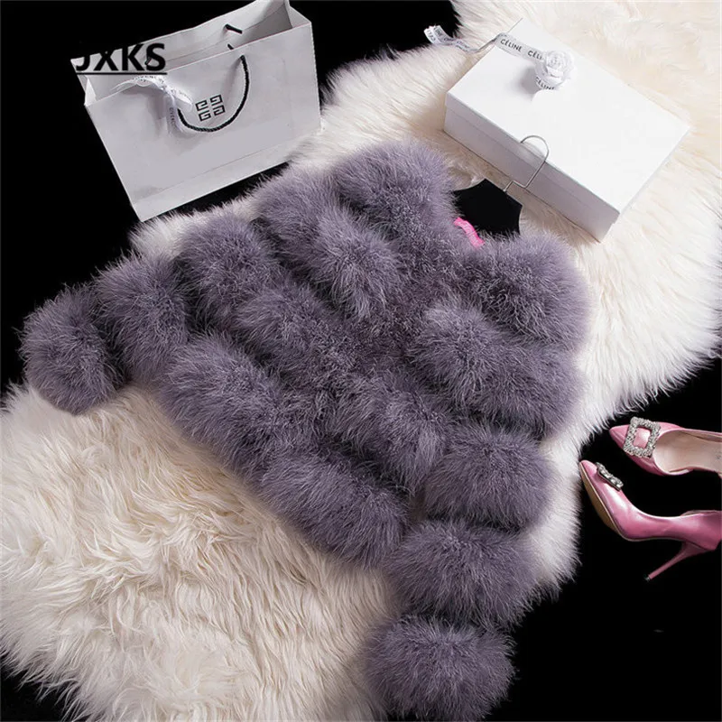 

New 2018 Ostrich feather + PU leather patchwork fur coat short design coat encryption o-neck long-sleeve fashion women coat