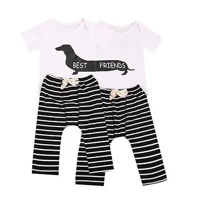 

Best Friend Cute Baby Boy Girl 2PCS Toddler Kids Animal Printed Romper+Striped Pants Outfits Size 0-24M