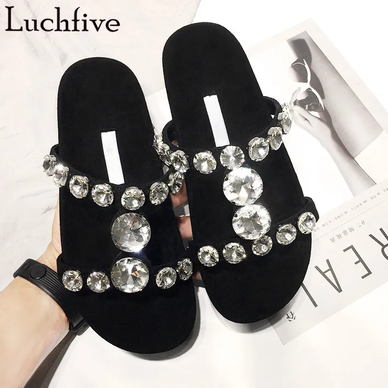 

Fashion T-tied Crystals Slippers Sexy Open Toe Low Heeled Slides Shoes Woman Slip On Rhinestone Summer Zapatos De Mujer