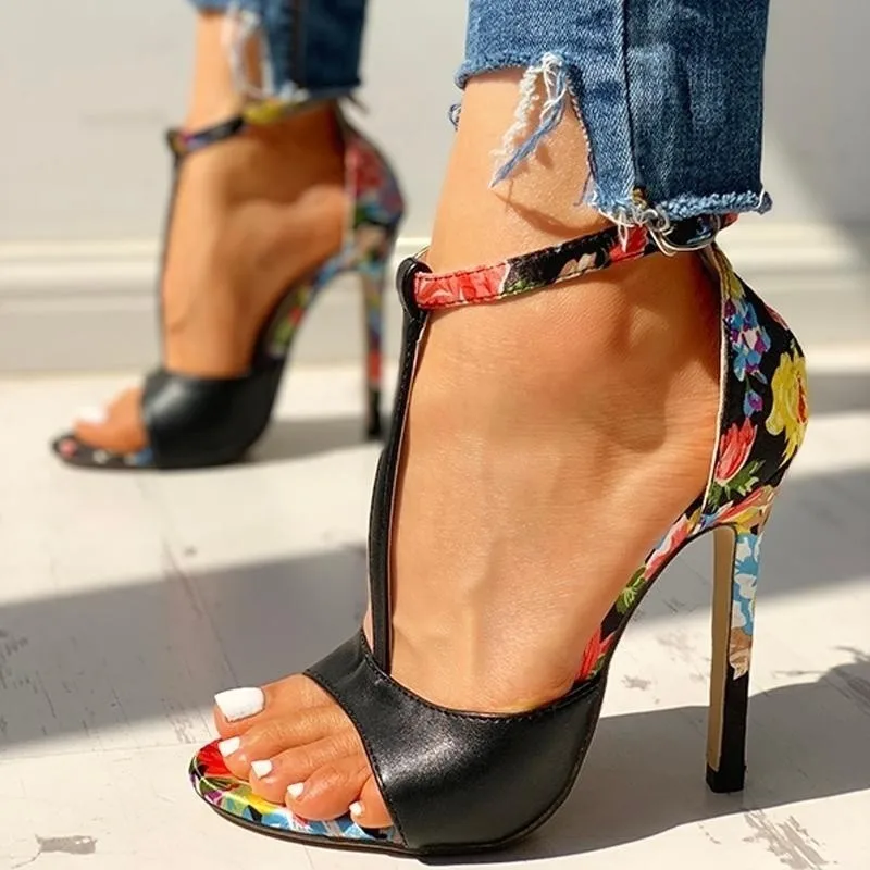 DAHOOD/босоножки на высоком каблуке; женские летние туфли на ремешке с очень открытым носком; модельные туфли для вечеринок; обувь с ремешками и цветочным узором; Босоножки с открытым носком