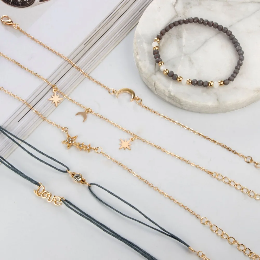 Bohemian Star Moon Crystal Layered Bracelet Set Women Girl Metal Rope Adjustable Bracelet Jewelry