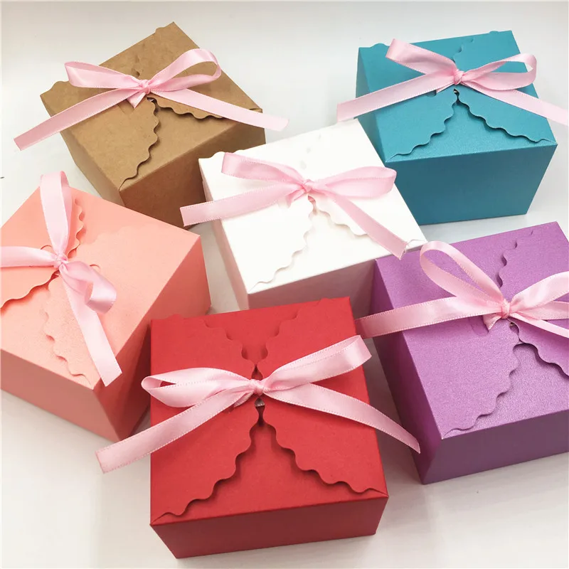 

20pcs/24pcs/50pcs 6.5x6.5x4.5cm Gift/Sugar Box + Pink Ribbon, Engagement&wedding Party Favor Jewelry Packing Suppies