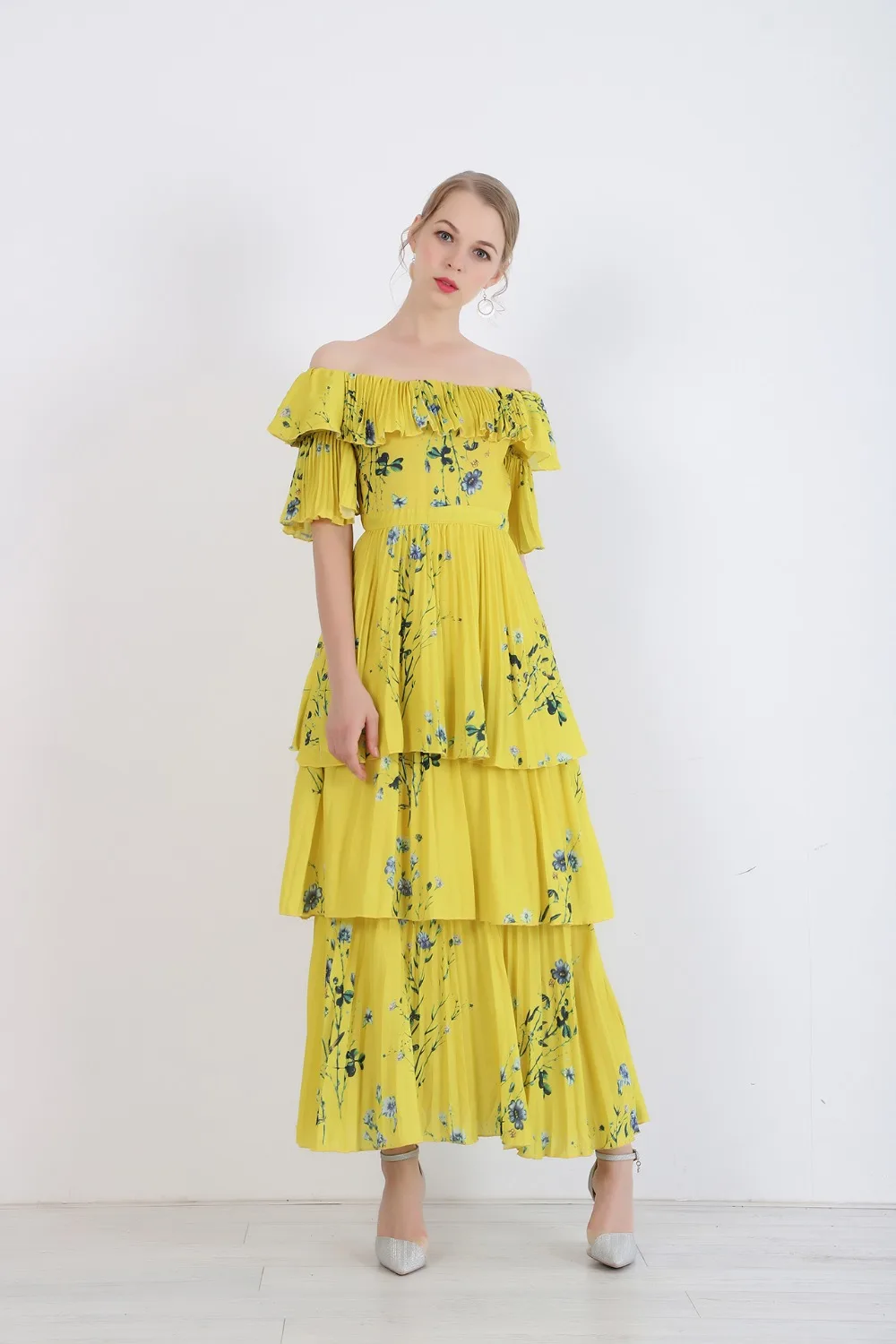 Женское длинное платье в богемном стиле SMTHMA, желтое дизайнерское платье из высококачественной ткани с принтом, плиссированными оборками, стильный подиумный наряд
