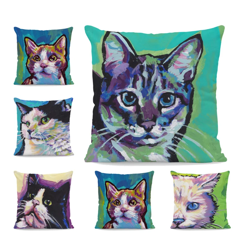 

Siamese Cat Cushion Cover Lovely Animal Pillowcase Vintage Farmhouse Throw Pillow Home Living Room Sofa Decor 43X43Cm Peach Skin