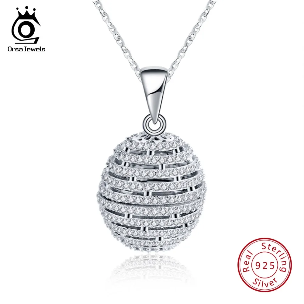 ORSA JEWELS 925 пробы, серебряные ожерелья с подвесками для женщин с AAA цирконием, Круглая Серебряная подвеска на цепочке, ювелирное изделие OSN74
