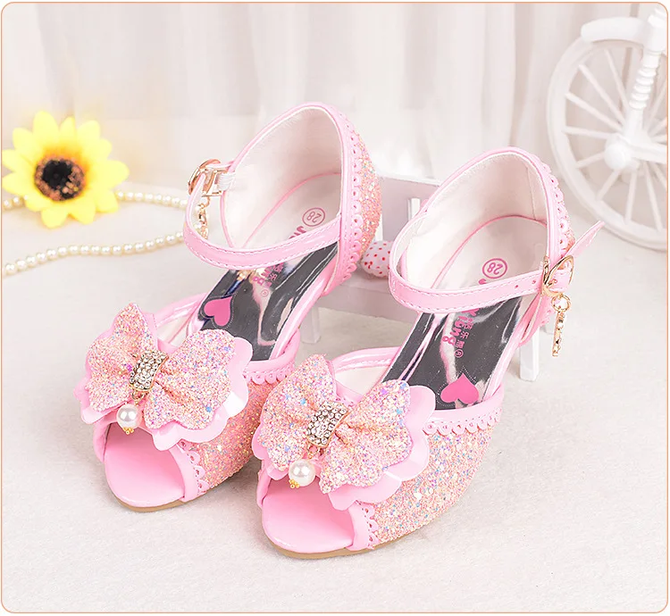 Г. летние сандалии для девочек новая детская обувь принцессы на высоком каблуке с блестками и бантом 26-37