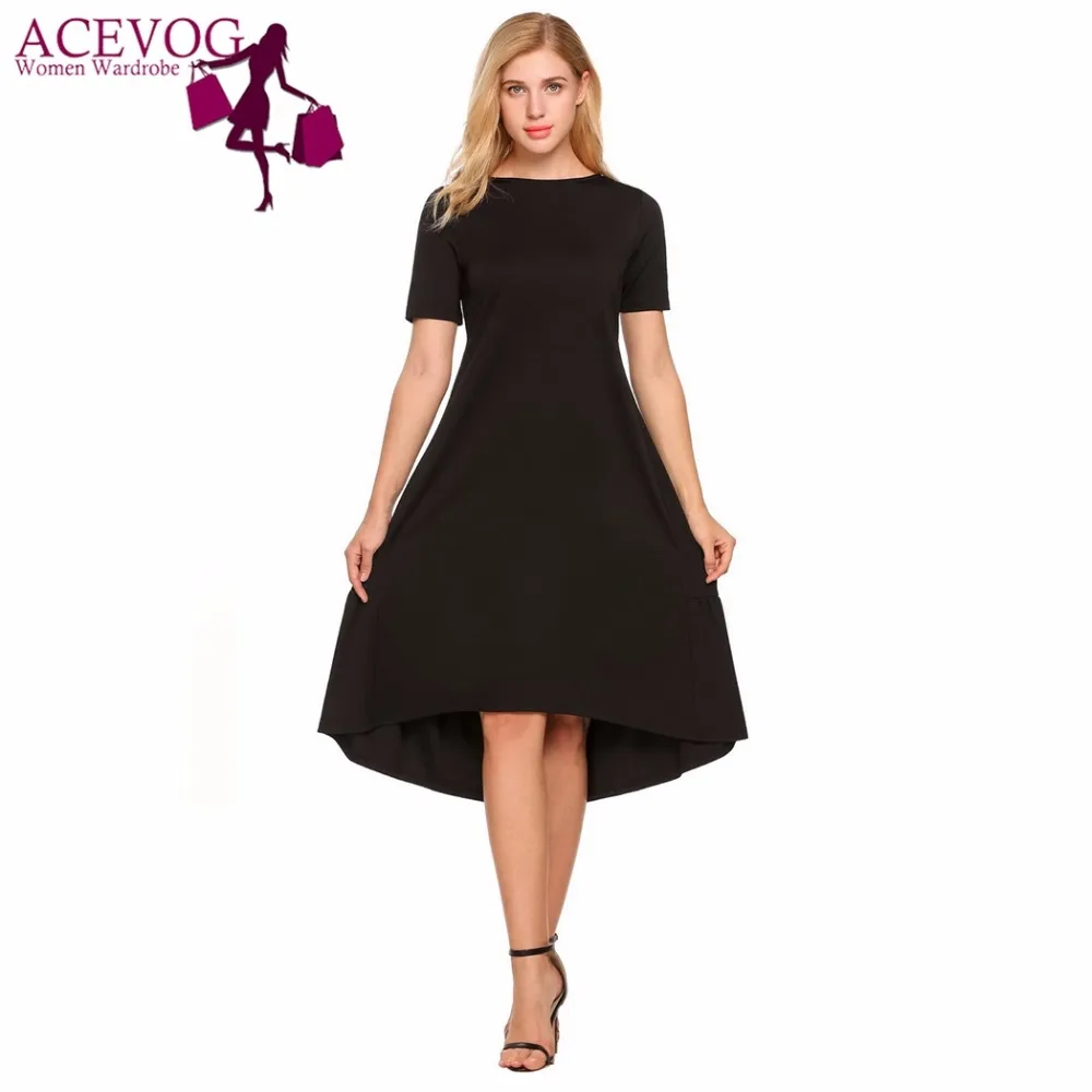 

ACEVOG Women A-Line Dress Asymmetrical and Ruffle Hem Summer Casual O-Neck Short Sleeve Loose Solid Pleated Swing Femme Robe