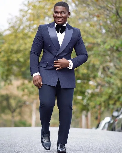 

High quality Stylish Navy Men Wedding Suits Peak lapel 2 Pieces Jacket+Pants Male Slim fit For Wedding Groom Prom Party Suits