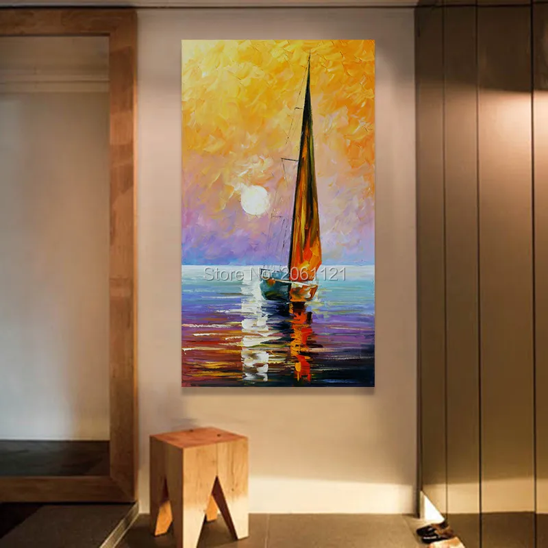 

Hand Painted Oil Painting On Canvas single sailboat Modern Abstract sunset gold yellow seascape For Home Decoration Wall Picture