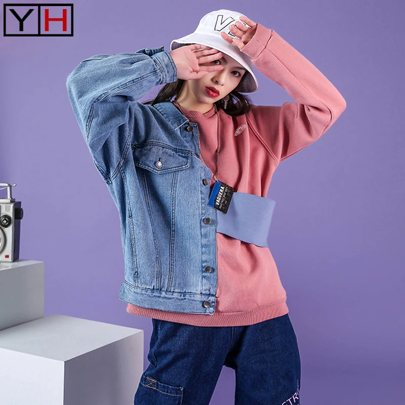 

womrn brand Spring Denim and cotton patchwork coat with Jeans Pants 2 Piece Sets loose tops jeans Trousers plus Size