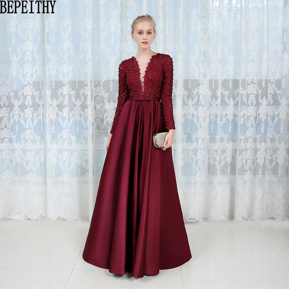 

BEPEITHY Robe De Soiree Appliques Lace Long Sleeve Prom Dress Burgundy Satin Evening Dress 2019 Vestido De Festa Longo