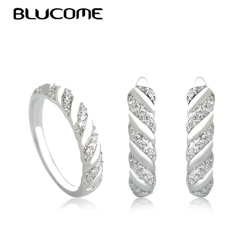 

Blucome Simple Style Shining Rhinestones Stud Earrings Ring Set D Hooks Soft Copper Pins Silver Color Women Bridal Jewelry Sets