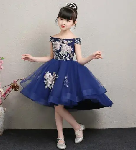 

2018 High Quality Handmade Autumn Flower Girls Dress For Wedding Blue Lace Girl Birthday Party Dress Princess ball Gown Trumpet
