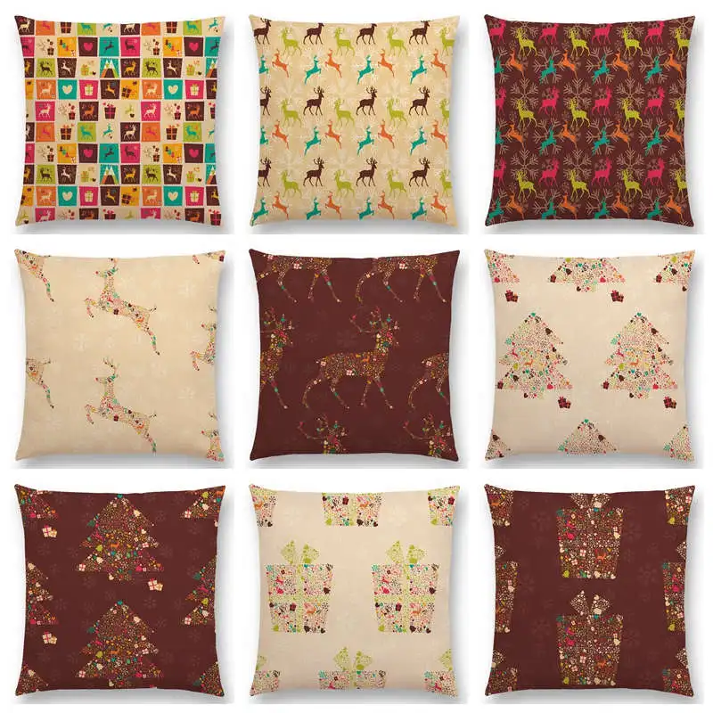 

Lovely Christmas Tree Gift Reindeer Snowflake Mini Pattern Prints Happy Holiday Colourful Cushion Cover Sofa Throw Pillow Case