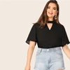 SHEIN, черный топ с v-образным вырезом на спине размера плюс, однотонный топ, блузка,, женская летняя Повседневная рубашка с коротким рукавом и вырезом