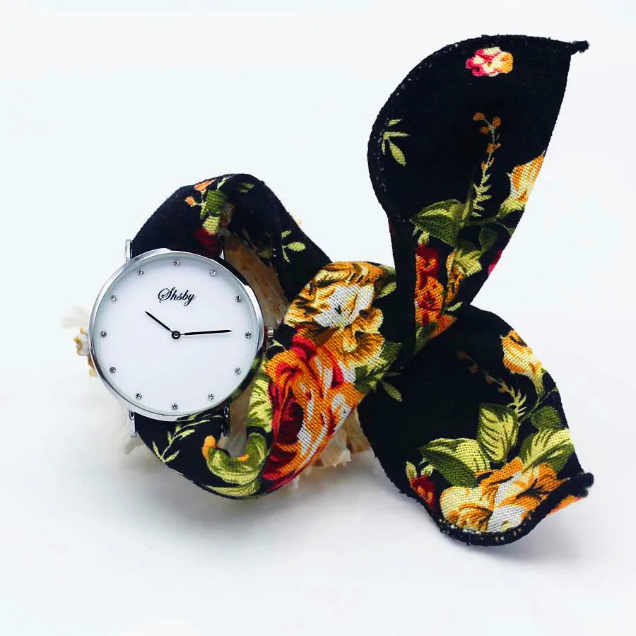 Shsby бренд стиль дамы цветок ткань наручные часы Женское платье часы Мода Девушка повседневные кварцевые часы браслет тканевые часы - Цвет: Silver black