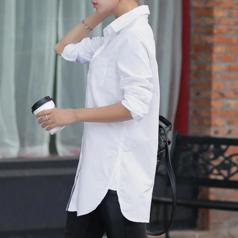 Blusa blanca de mujer estilo novio de manga larga de gran camisa moda cuello de algodón Tops Casual camisas sueltas|Blusas y camisas| -