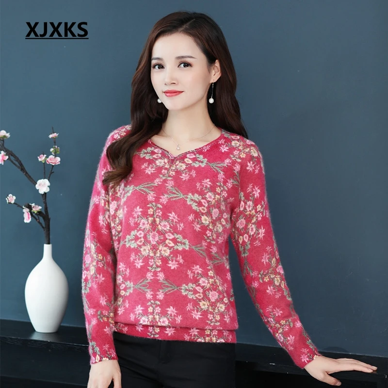 

XJXKS Casual Young Women Pull Femme Sweater High Quality Mink Cashmere Oversized Sweater Print Soft Women Sweaters And Pullovers