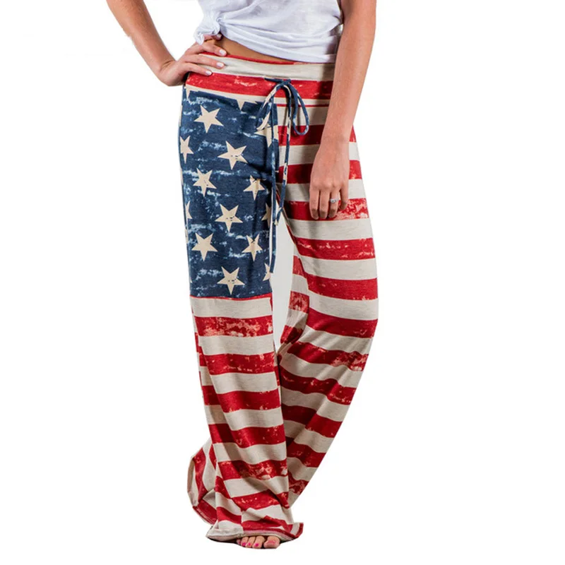 

2019 Women Loose Wide Leg Pants Causal Long Straight Trousers American Flag Print Pant Drawstring Trouser Pajama Pants Plus Size