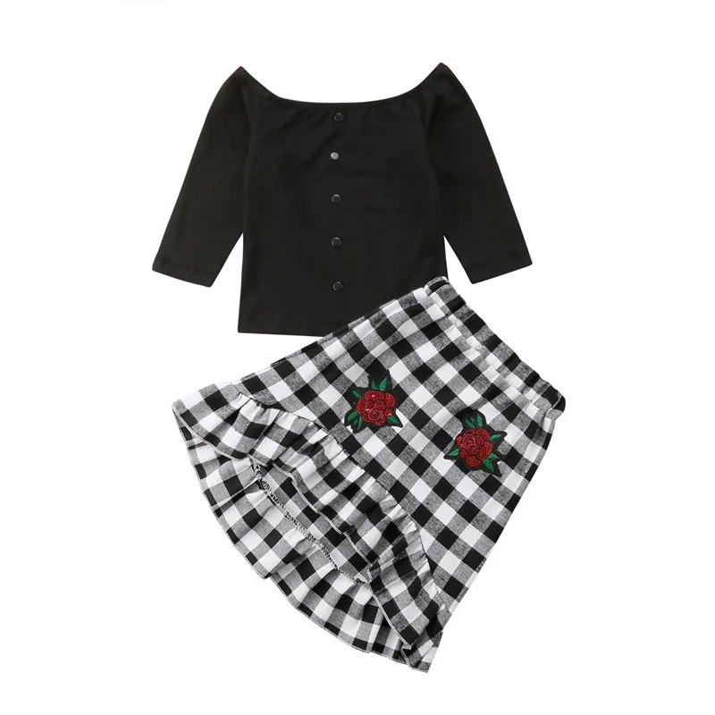 

2018 Toddler Kids Baby Girls Flowers Off Shoulder Tops T-shirt Plaid Skirt Outfits Clothes 2pcs Set Cute Princess Clothing