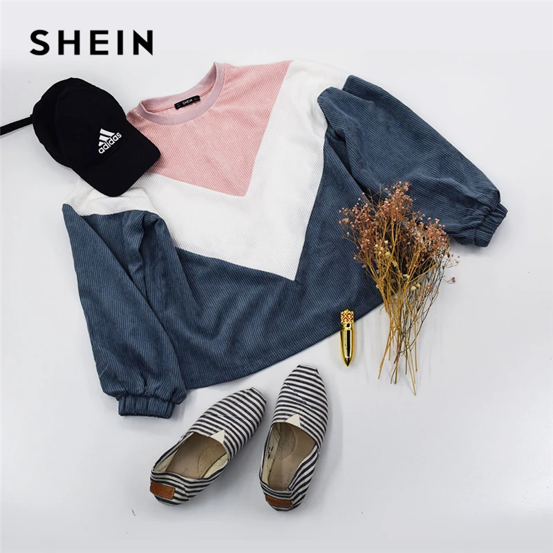 SHEIN Multicolor Cut and Sew Chevron Sweatshirt Preppy Round Neck Bishop Sleeve Pullovers Women Aut