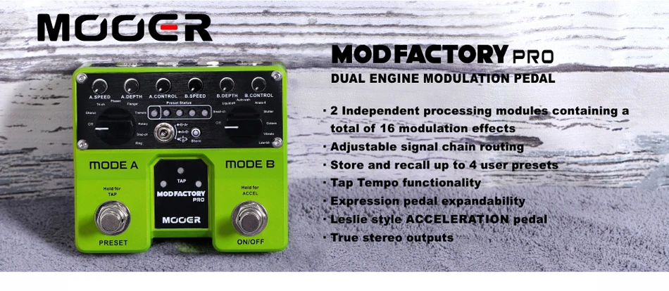 MOOER Mod Factory Pro 2 отдельные обрабатывающие модули, содержащие в общей сложности 16 эффектов модуляции гитарных эффектов