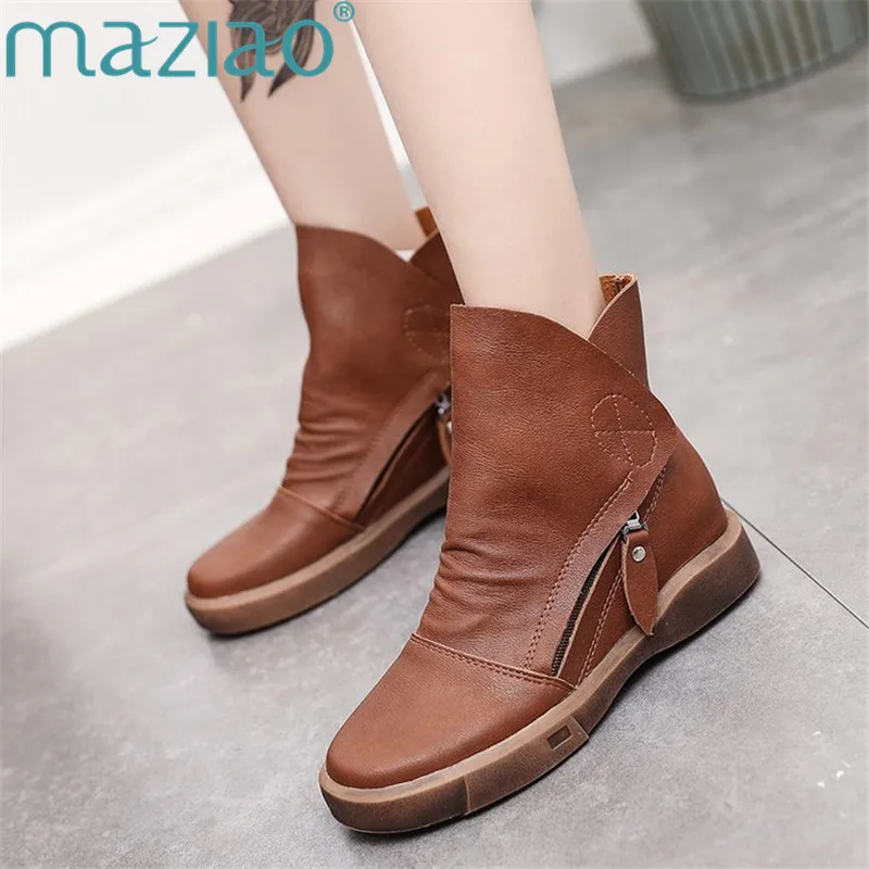 

MAZIAO 2018 Retro British Style Leather Short Boot Women Boots Zipper Round Toe Handmade Casual Lady Shoes Ankle Boots for Women