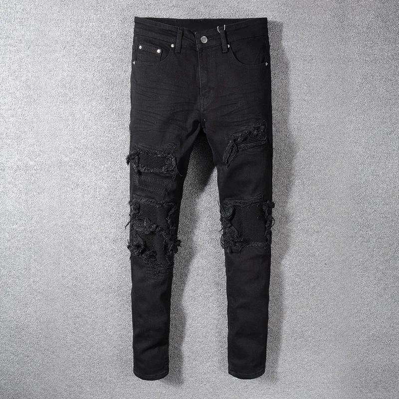 Fashion Streetwear Men Jeans Black Color Patchwork Destroyed Denim Pencil Pants Ripped Jeans For Men Hip Hop Skinny Jeans hombre Fashion Streetwear Men Jeans Black Color Patchwork Destroyed Denim Pencil Pants Ripped Jeans For Men Hip Hop Skinny Jeans hombre