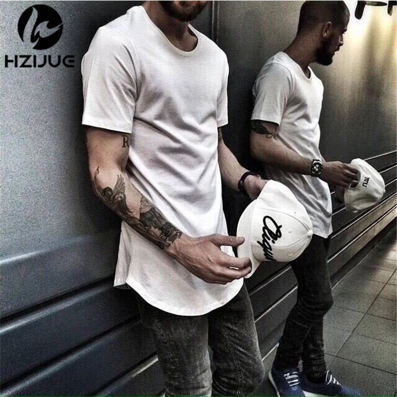 

Solid Color Curve Hem Casual Mens T-shirt Longline 2016 Summer Hip Hop T shirt Extended Street Tee Shirts for Men White Black
