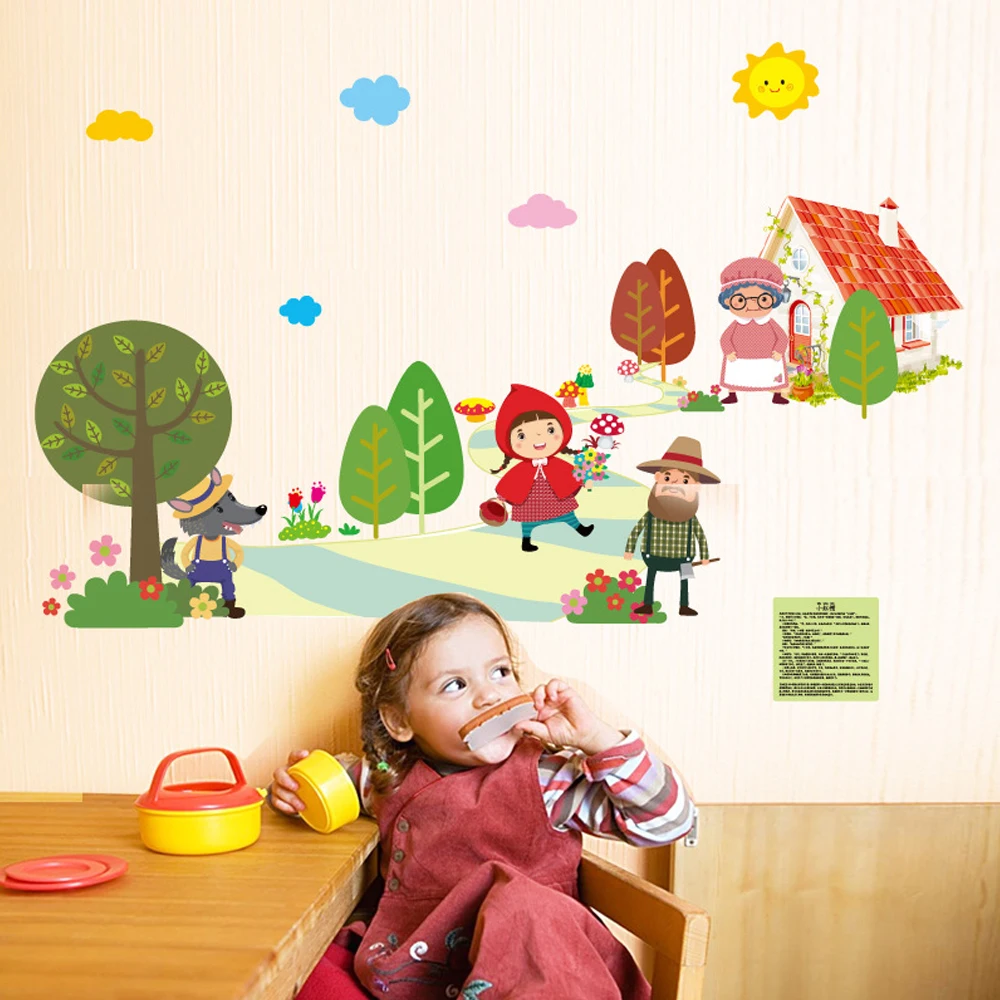 

Cartoon wall stickers Little Red Riding Hood and Big Wolf Children's Room Kindergarten Early Learning Story Kid Wall Stickers