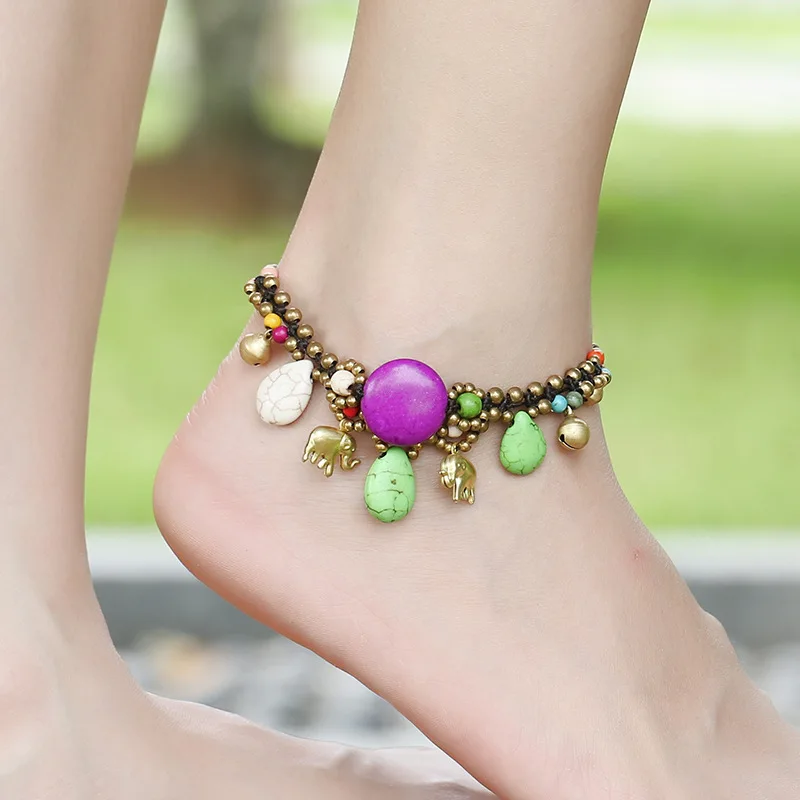 

Bohemian Ethnic Retro Jewelry Handmade Stone Bell Elephant Female Anklet Fashion Street Shoot Simple Beach Foot Accessories