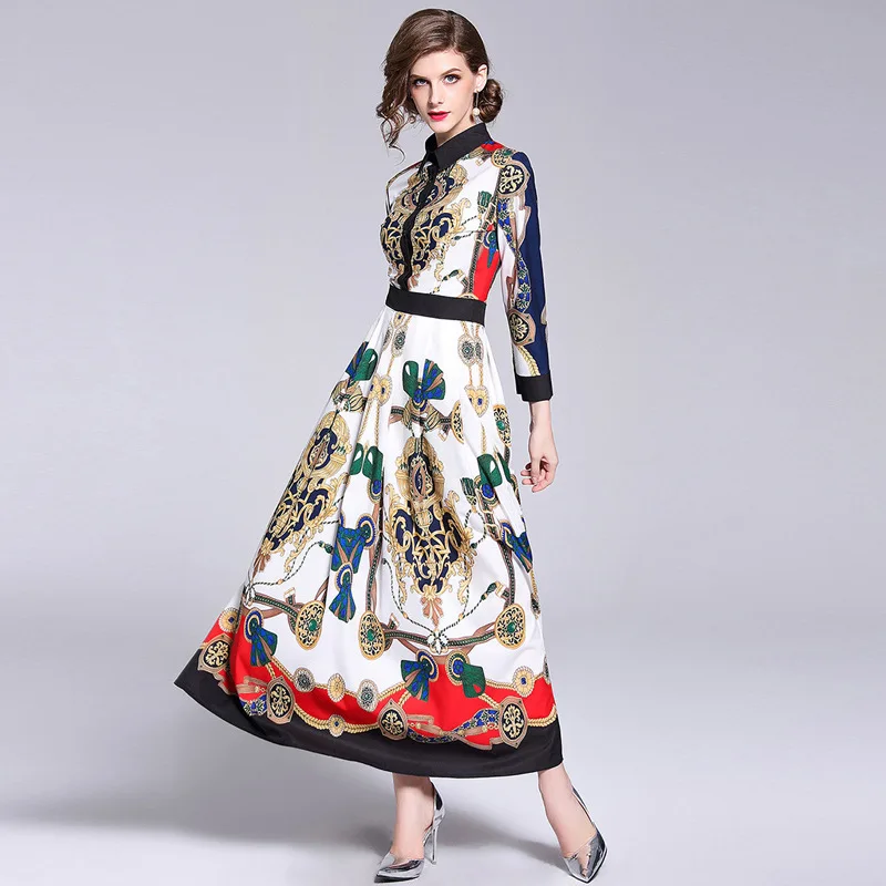 

Spring Trend Printing Retro Dress Long Sleeve Ankle-Length Turn-down Collar A-Line Big Pendulum Elegant Slim Women Clothes