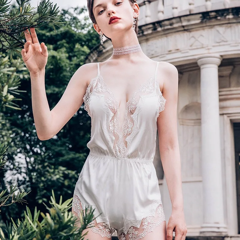 jumpsuits for women 2019 Embroidery Lace Home Clothes Female White Sexy Temptation Really Ice Silk Pajamas lace bodysuit
