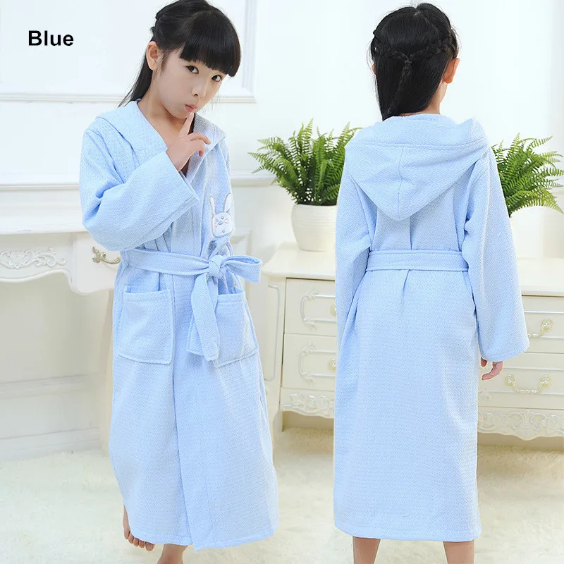 Child Bathrobe Sleepwear Robe Cotton Waffle  Roupao blue 2