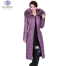 Зимняя высококачественная куртка на утином пуху, пальто, женская длинная тонкая парка, Женское пальто с натуральным меховым воротником, большие размеры, пуховики